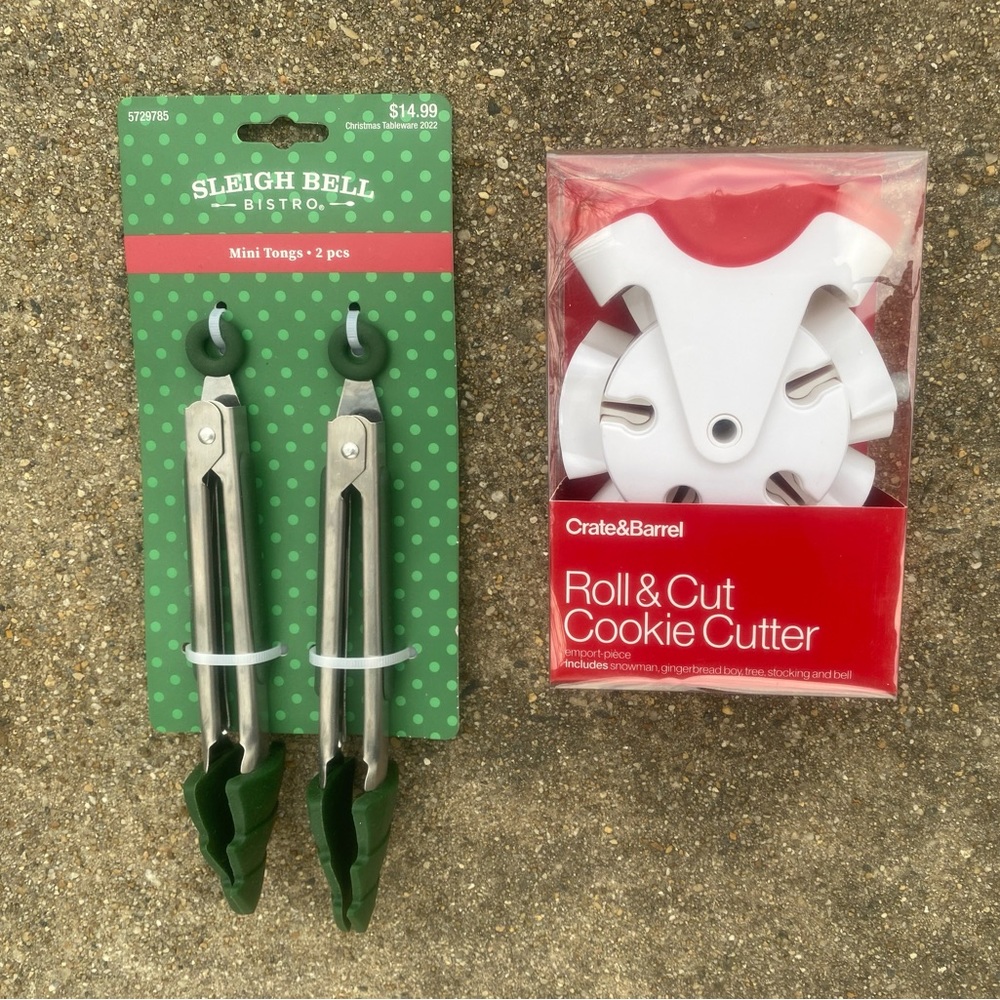 Crate&Barrel Roll & Cut Cookie Cutter AND Sleigh Bell Bistro Mini Tongs NWT